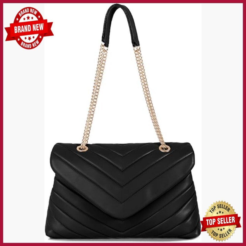 Quilted Vegan Leather Crossbody Bag Adjustable Chain Strap Spacious Compartments